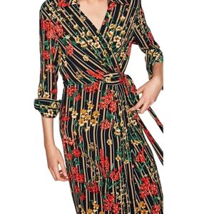 Zara Wrap Shirt Dress XS Floral Stripe Midi Artsy Modern Office Siren Multicolor